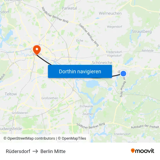 Rüdersdorf to Berlin Mitte map