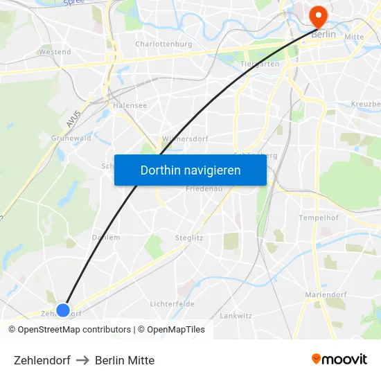 Zehlendorf to Berlin Mitte map