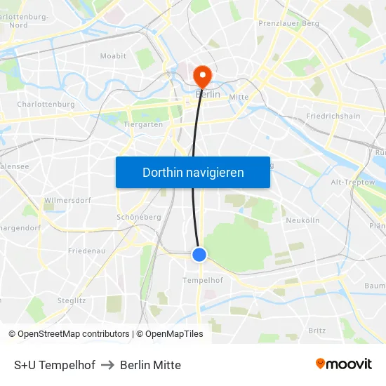 S+U Tempelhof to Berlin Mitte map