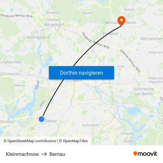 Kleinmachnow to Bernau map