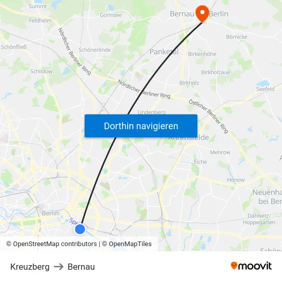 Kreuzberg to Bernau map