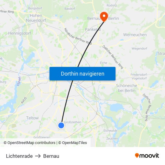 Lichtenrade to Bernau map