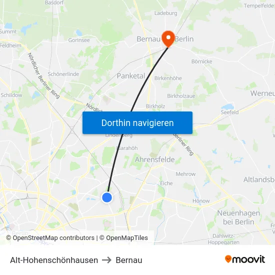Alt-Hohenschönhausen to Bernau map