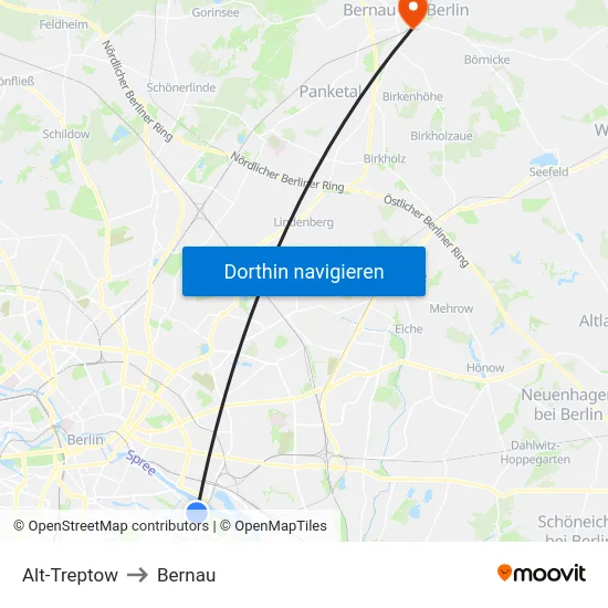 Alt-Treptow to Bernau map