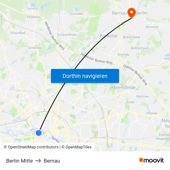 Berlin Mitte to Bernau map