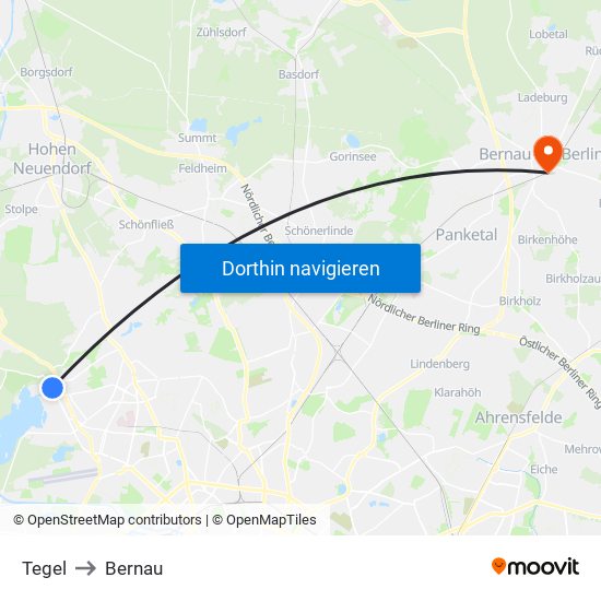 Tegel to Bernau map