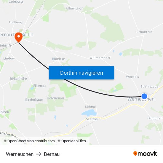 Werneuchen to Bernau map