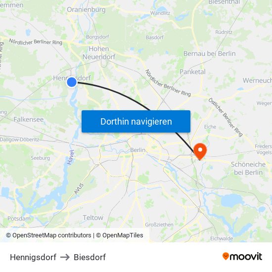 Hennigsdorf to Biesdorf map