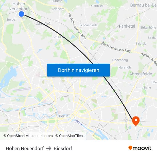 Hohen Neuendorf to Biesdorf map