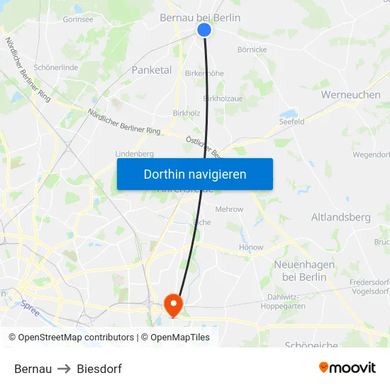 Bernau to Biesdorf map