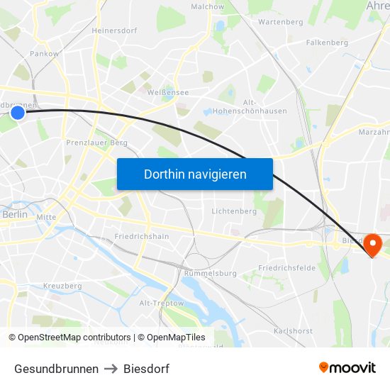 Gesundbrunnen to Biesdorf map