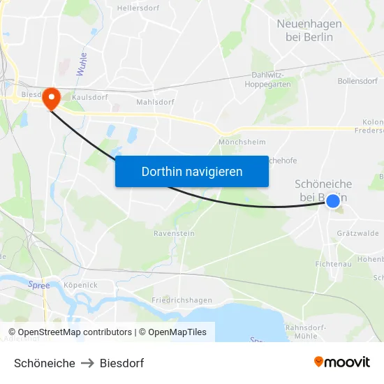 Schöneiche to Biesdorf map