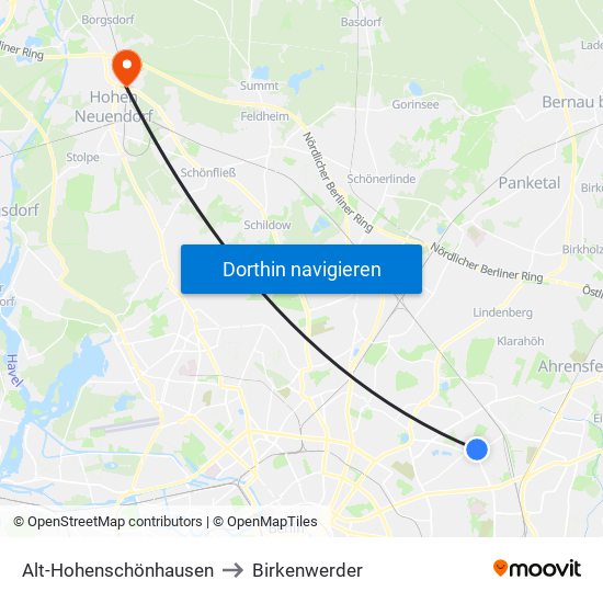 Alt-Hohenschönhausen to Birkenwerder map