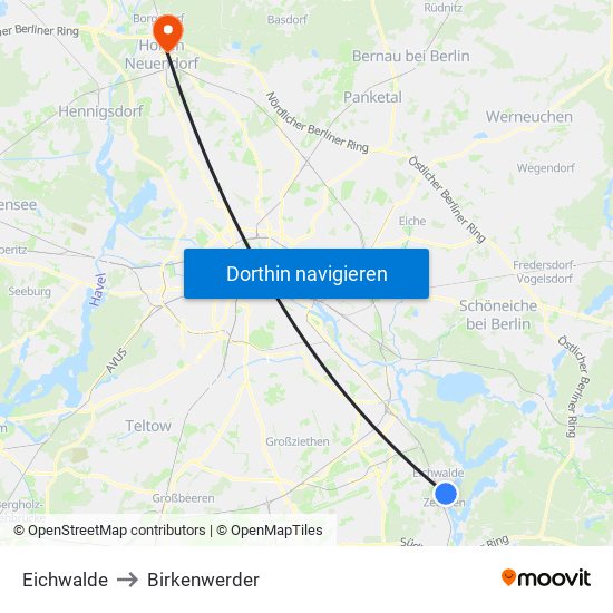 Eichwalde to Birkenwerder map