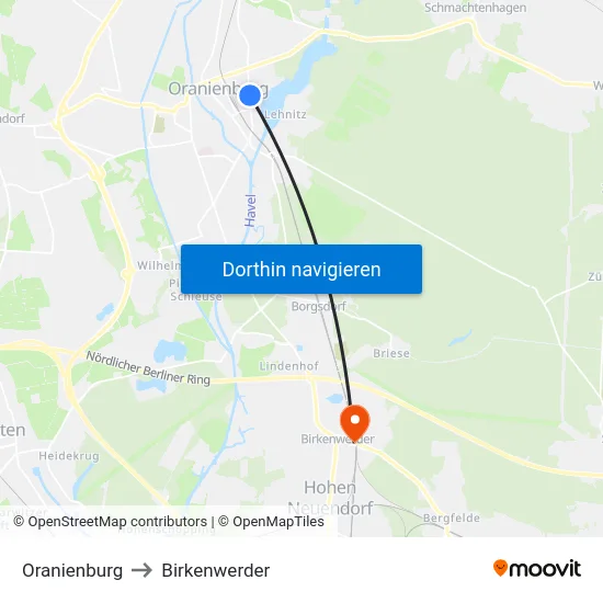Oranienburg to Birkenwerder map
