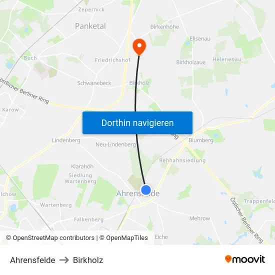 Ahrensfelde to Birkholz map