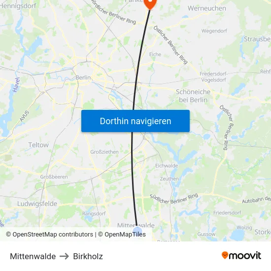 Mittenwalde to Birkholz map