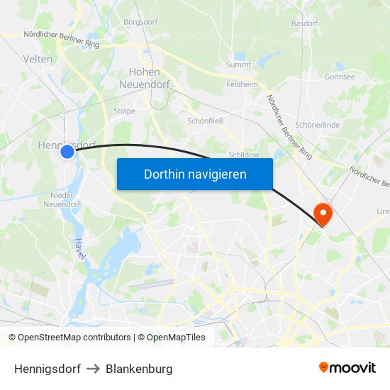 Hennigsdorf to Blankenburg map