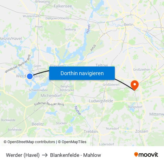 Werder (Havel) to Blankenfelde - Mahlow map