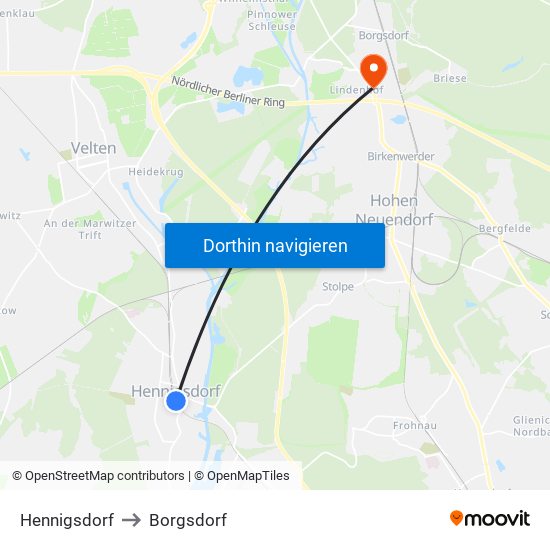 Hennigsdorf to Borgsdorf map