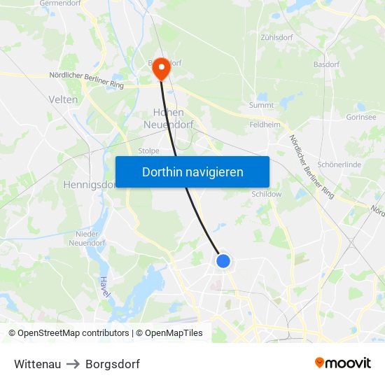 Wittenau to Borgsdorf map