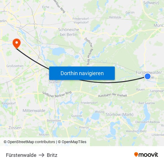 Fürstenwalde to Britz map