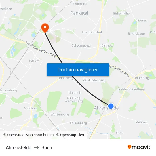 Ahrensfelde to Buch map