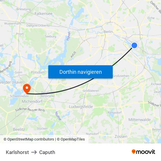 Karlshorst to Caputh map