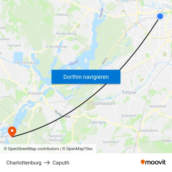 Charlottenburg to Caputh map