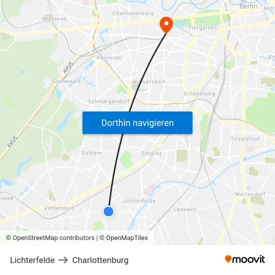 Lichterfelde to Charlottenburg map