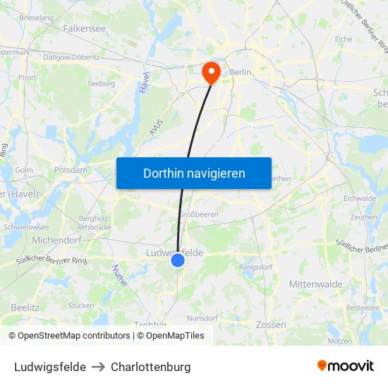 Ludwigsfelde to Charlottenburg map