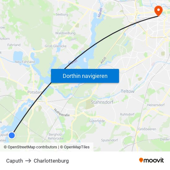 Caputh to Charlottenburg map