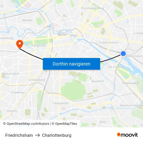 Friedrichshain to Charlottenburg map