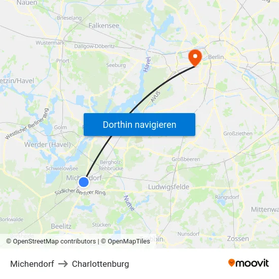 Michendorf to Charlottenburg map