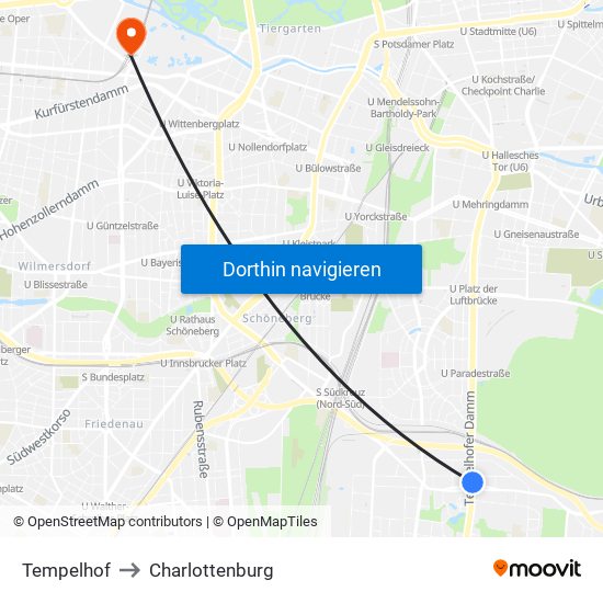 Tempelhof to Charlottenburg map