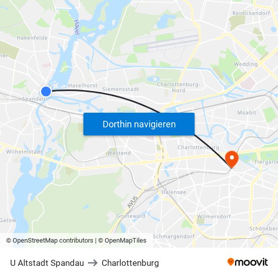 U Altstadt Spandau to Charlottenburg map