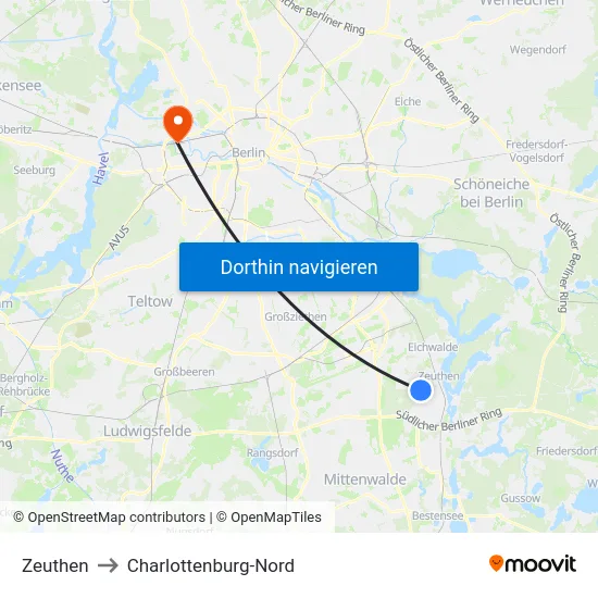 Zeuthen to Charlottenburg-Nord map