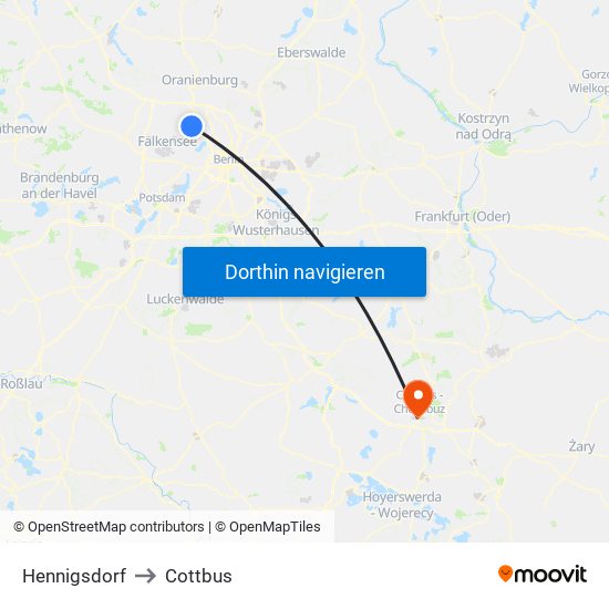 Hennigsdorf to Cottbus map