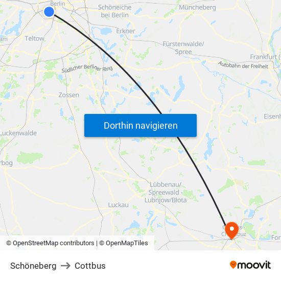 Schöneberg to Cottbus map