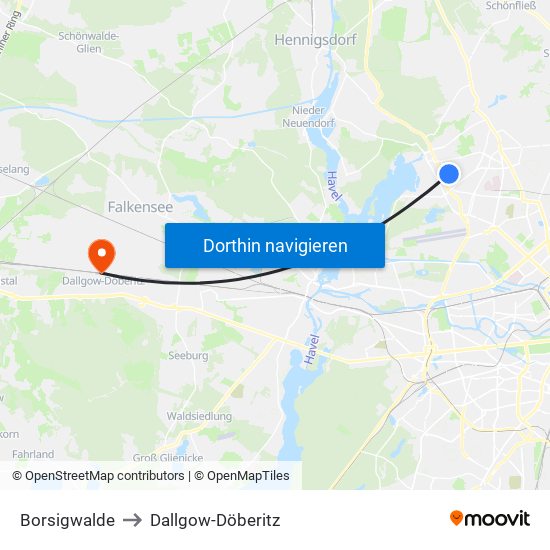 Borsigwalde to Dallgow-Döberitz map