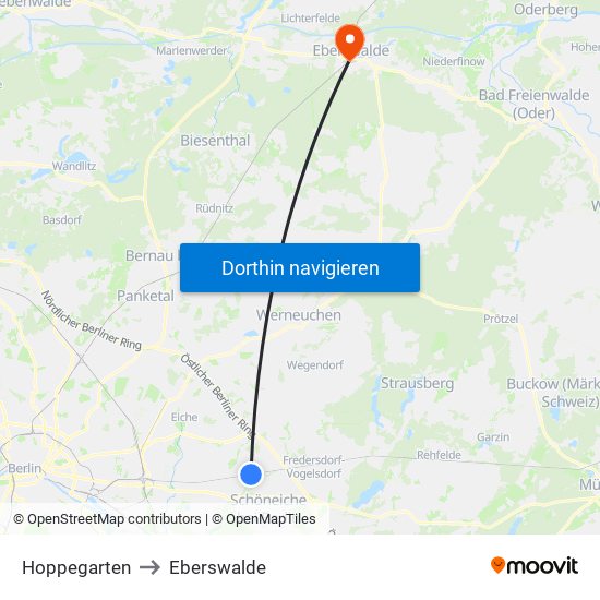 Hoppegarten to Eberswalde map