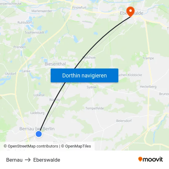 Bernau to Eberswalde map