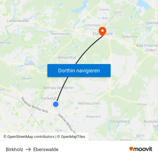 Birkholz to Eberswalde map