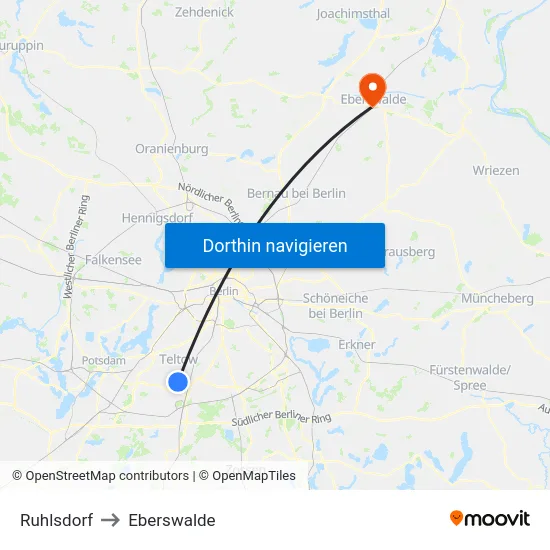 Ruhlsdorf to Eberswalde map