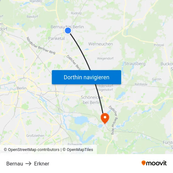 Bernau to Erkner map
