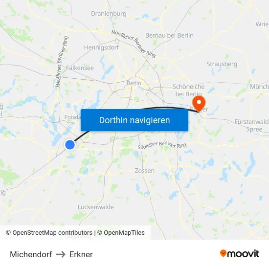 Michendorf to Erkner map