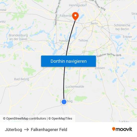 Jüterbog to Falkenhagener Feld map