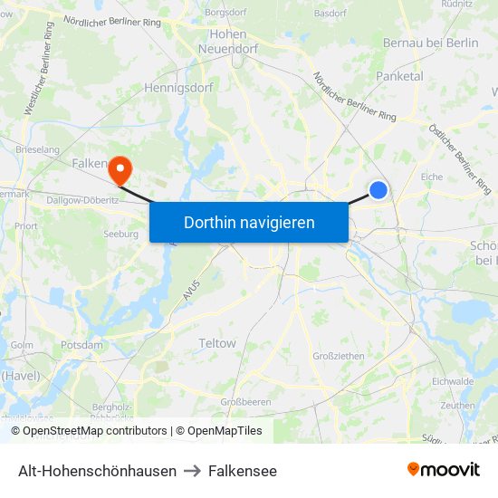 Alt-Hohenschönhausen to Falkensee map