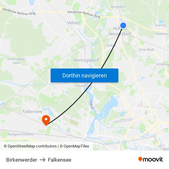 Birkenwerder to Falkensee map