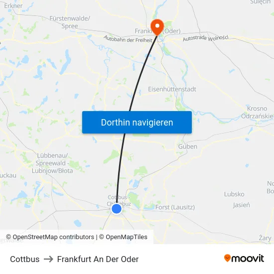 Cottbus to Frankfurt An Der Oder map